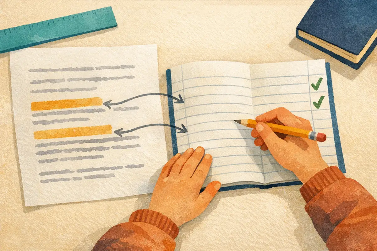 Child's hands holding a pencil over an answer booklet beside a reading passage with two highlighted phrases and arrows linking them to ticked answers