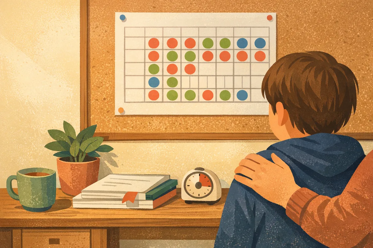 Warm illustration of a parent and child reviewing a weekly tracking sheet with gaps in it