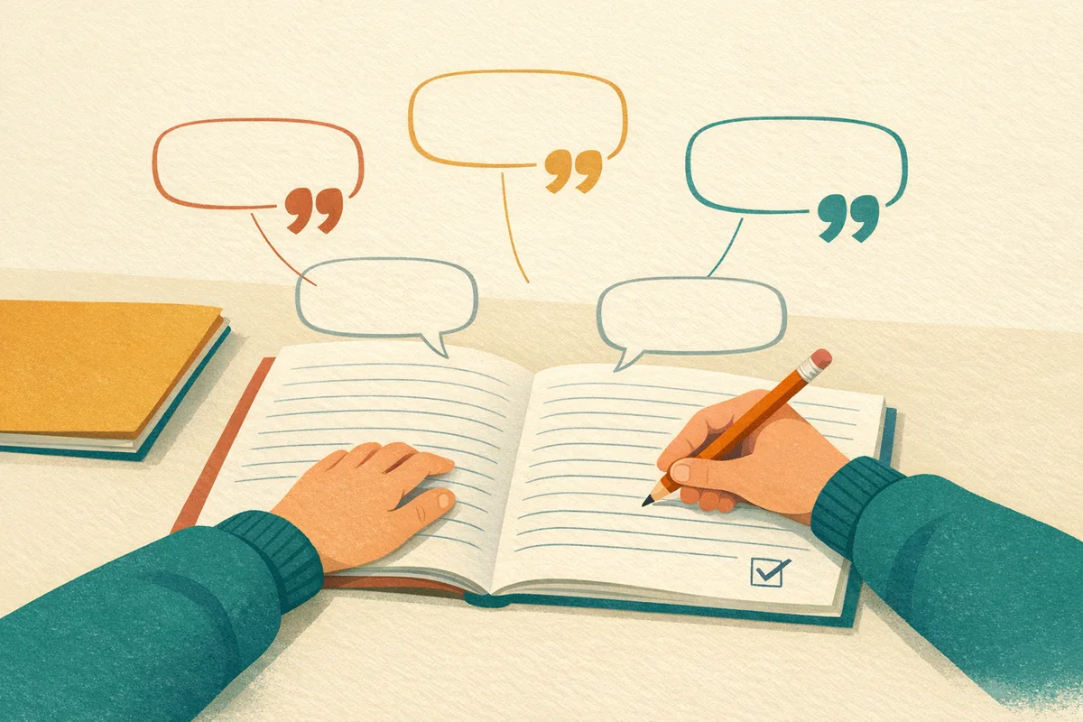 Illustration of a child's hands writing in a lined answer booklet, with quotation shapes linked to empty explanation boxes