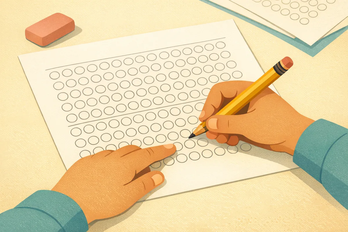 A child's hand marking a blank multiple-choice answer grid in pencil while a finger holds the correct row
