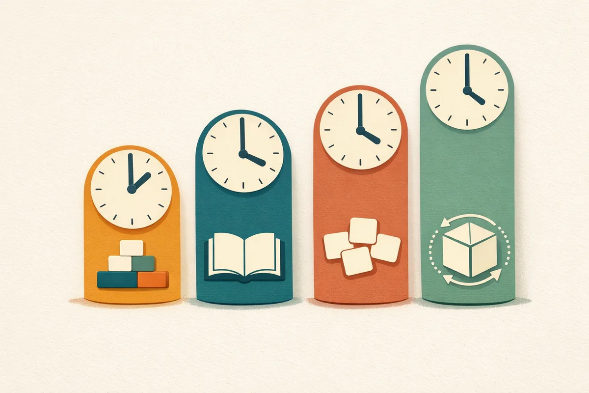 Abstract diagram of four timed test sections shown as coloured panels of different heights, each topped with a plain clock face