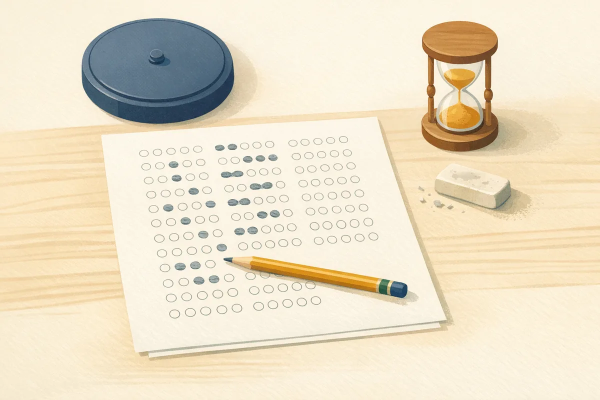 An exam answer sheet of blank bubbles beside a face-down clock and a small hourglass