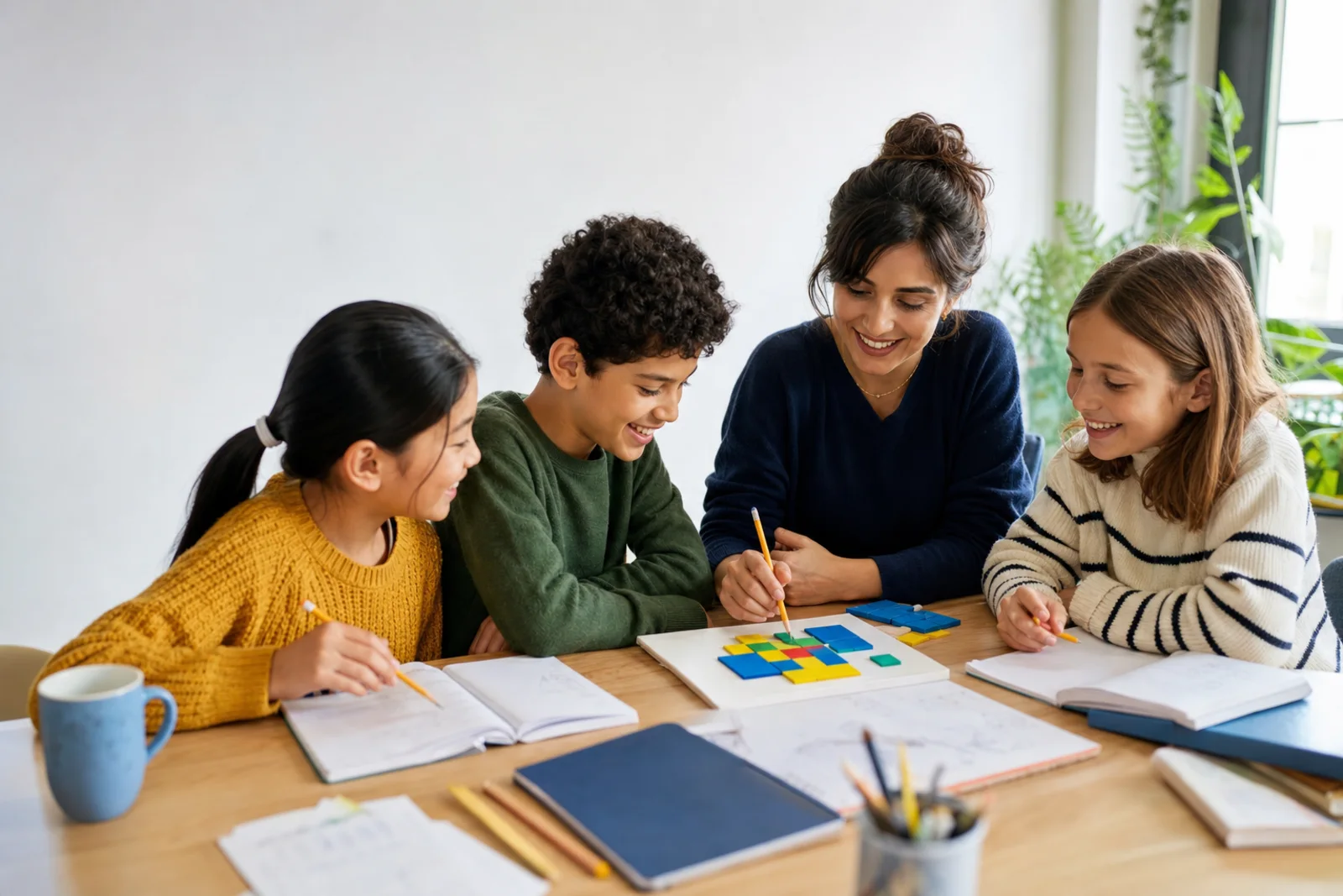 A tutor celebrating learning progress with a small group of students